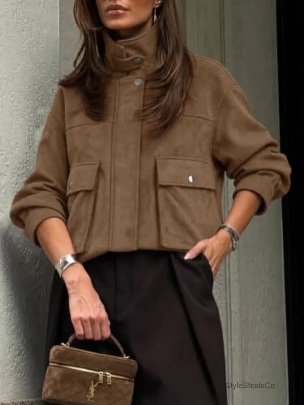 Womens Faux Suede Bomber Jacket Cropped Zip Up Casual